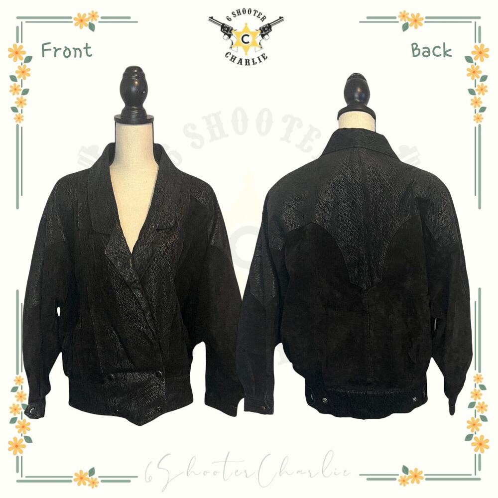 VTG G3 G-III Womens Leather Jacket Black Size S Embossed Snake Designer Pattern